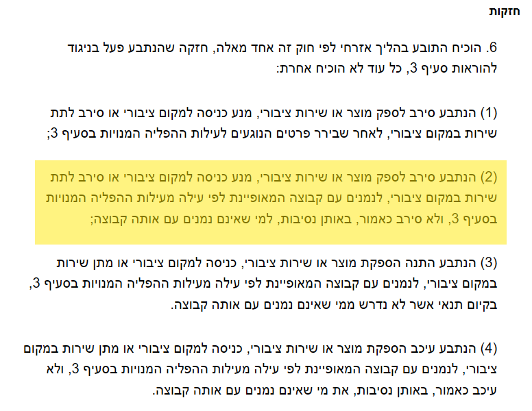 סעיף 6 חוק איסור הפליה במוצרים, בשירותים ובכניסה למקומות בידור ולמקומות ציבוריים, תשס"א-2000